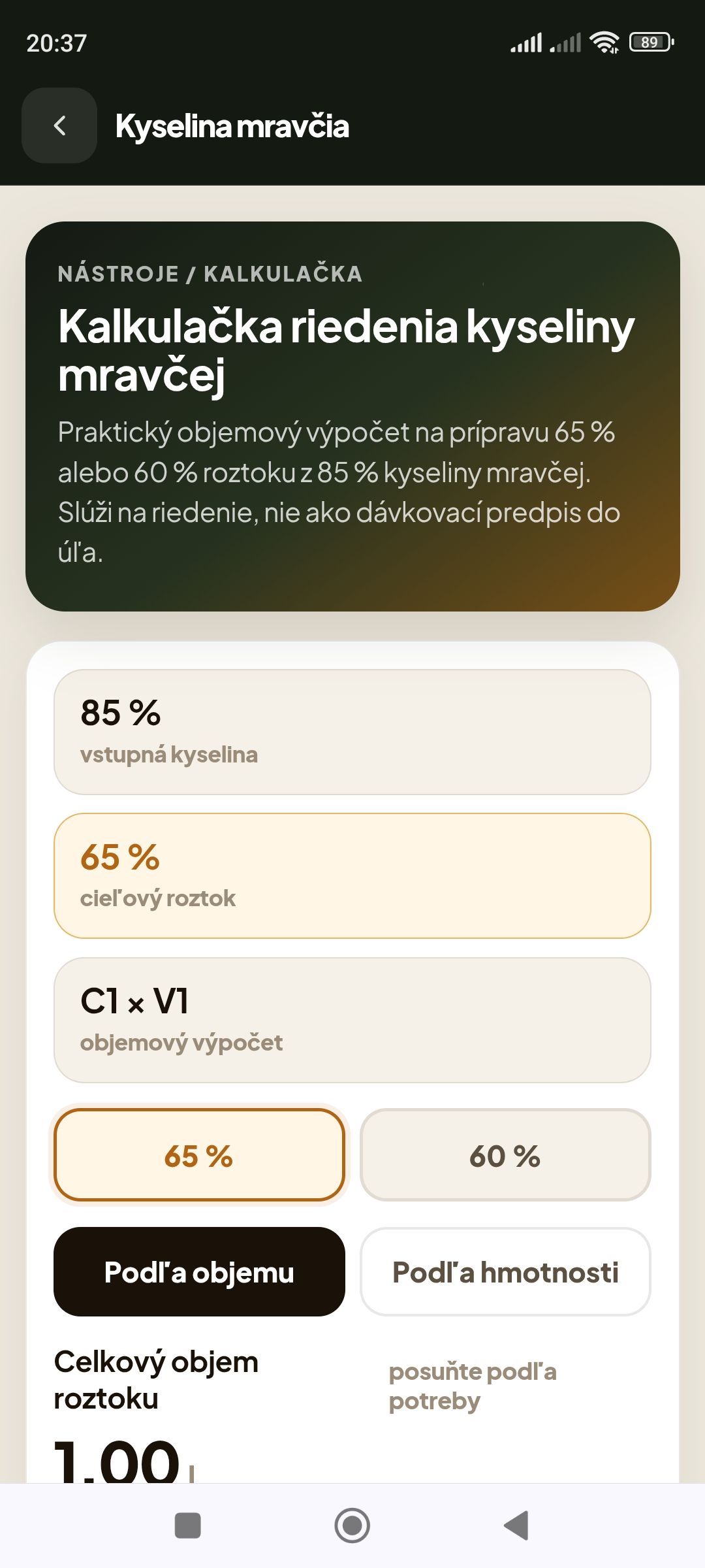Kalkulačka riedenia kyseliny mravčej