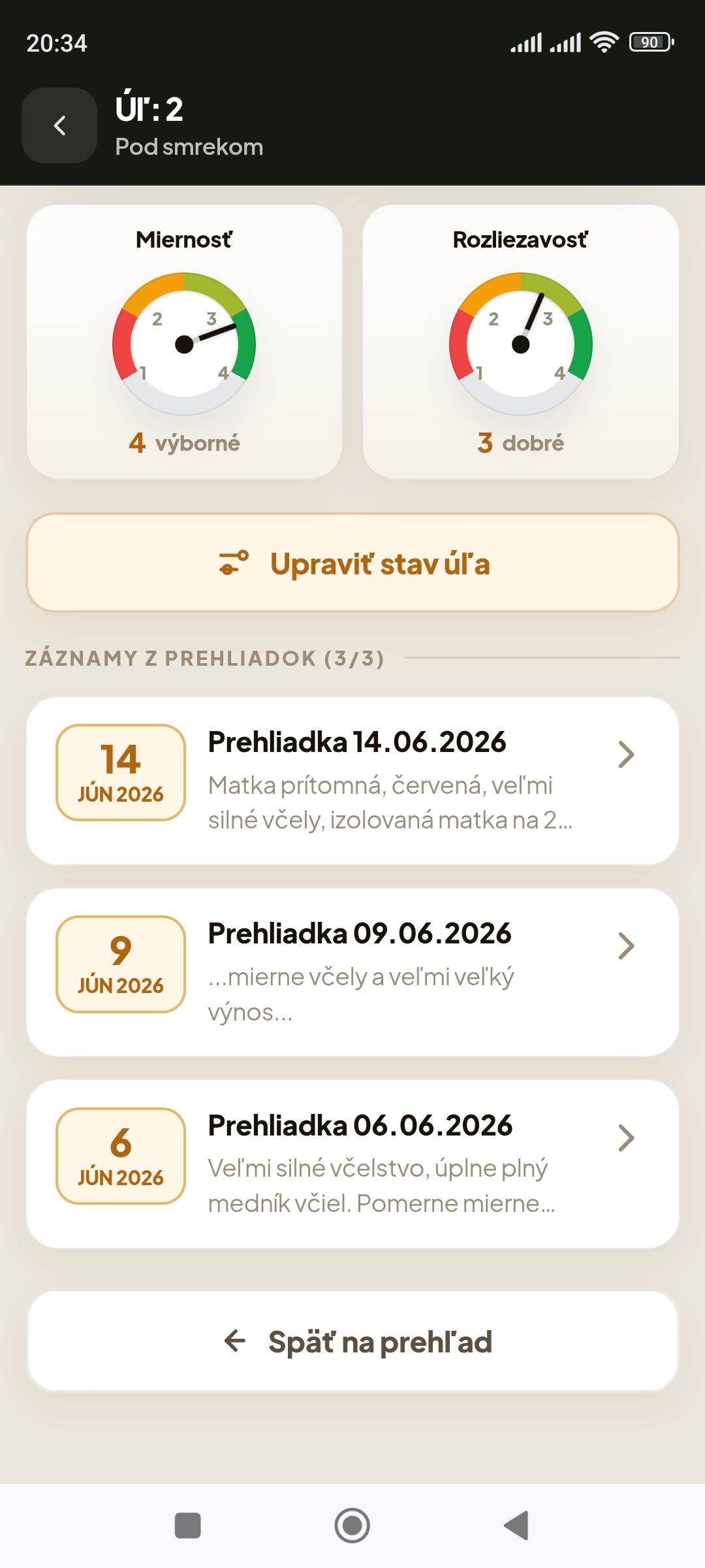 Detail úľa s prehliadkami a vlastnosťami včelstva